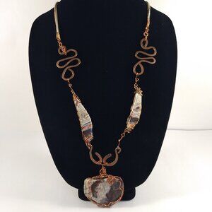 Stone Wire Wrap Statement Necklace Copper Tone Swirl Art to Wear Avant Garde